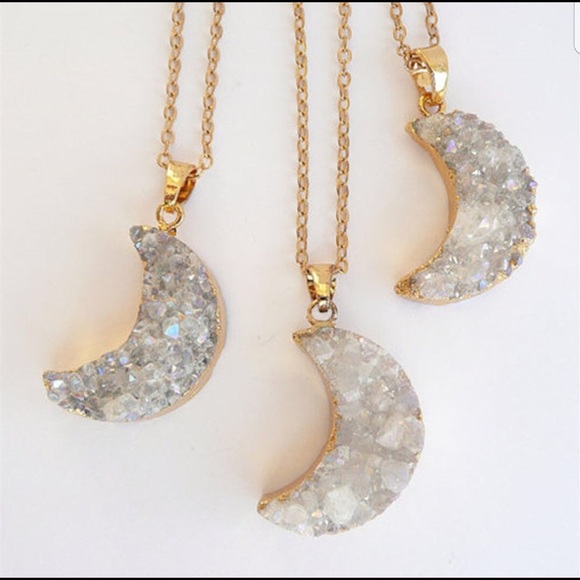 Gold Crescent Moon Druzy Pendant Geode Necklace - Picture 7 of 8